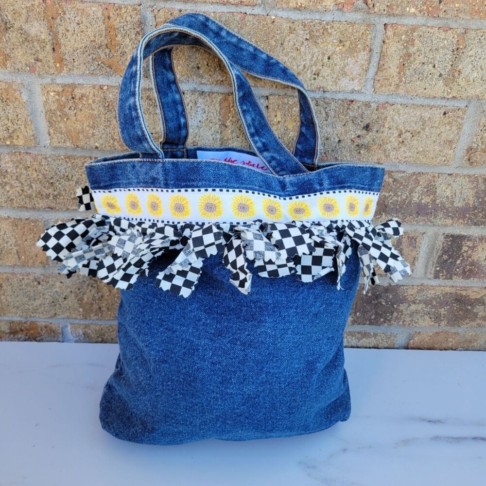 Denim Sunflower Tote Bag with Checker Fringe - Blue